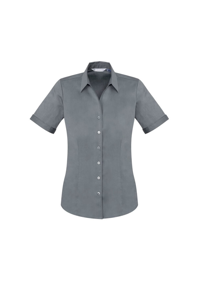 A short sleeve button-up shirt in a grey fabric, featuring a fitted design and a collar. It has a logo displayed.