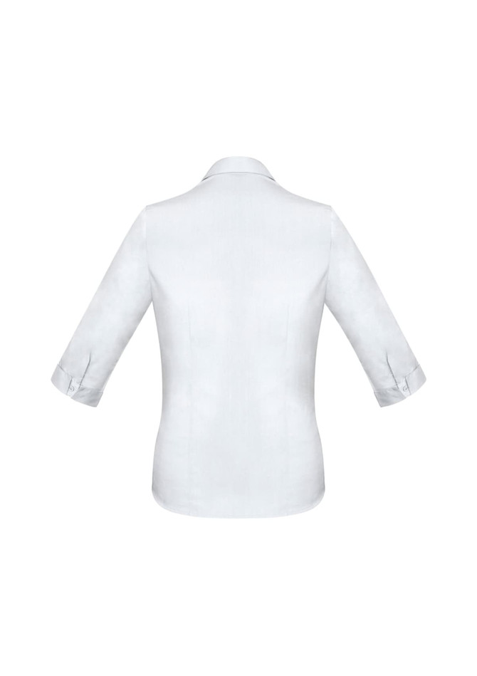 A white women's Monaco 3/4 sleeve button-up shirt with a collared neckline and roll-up cuffs. Features a logo.