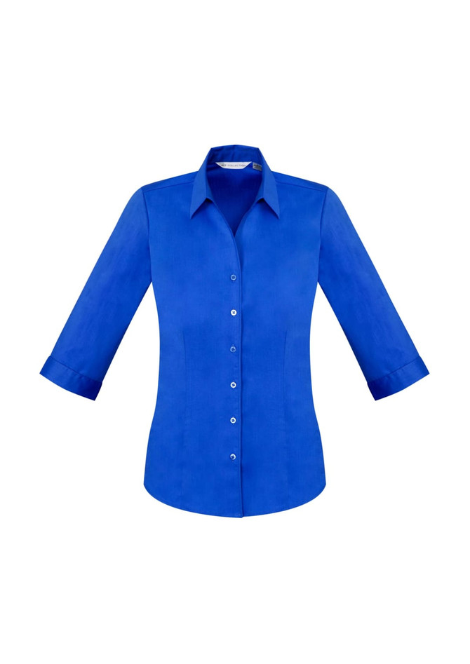 A blue women's button-up shirt with 3/4 sleeves and a collar, featuring a logo on the chest.