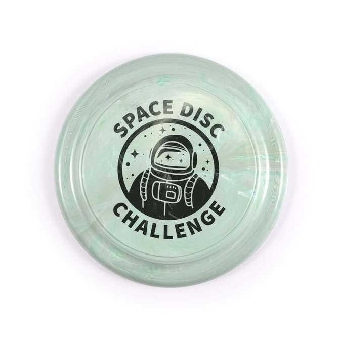 A flying disc featuring a marbled green design with the text "SPACE DISC CHALLENGE" and an illustration of an astronaut.