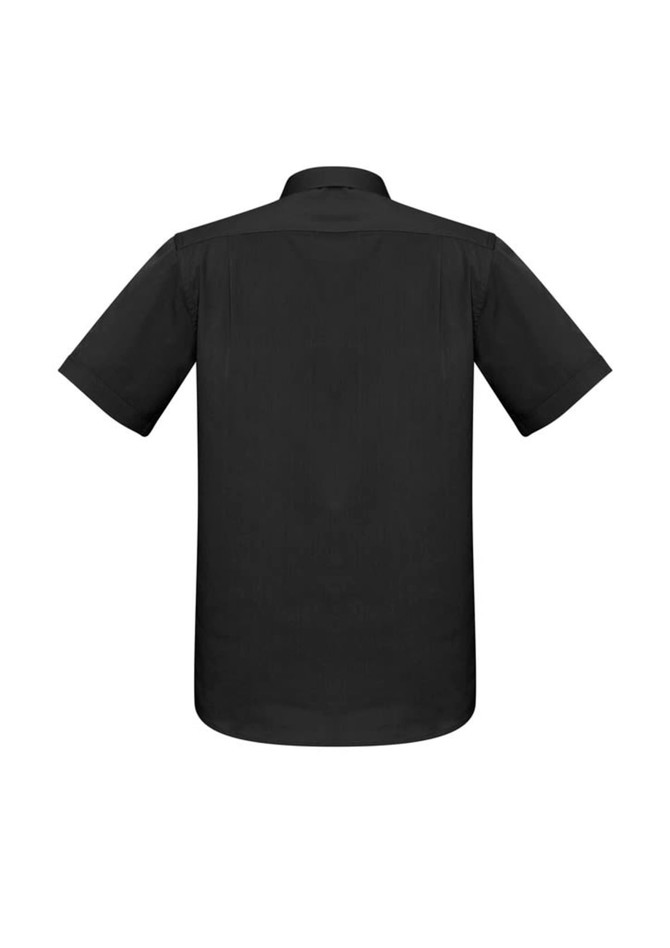 A black short sleeve button-up shirt featuring a back view and a logo.