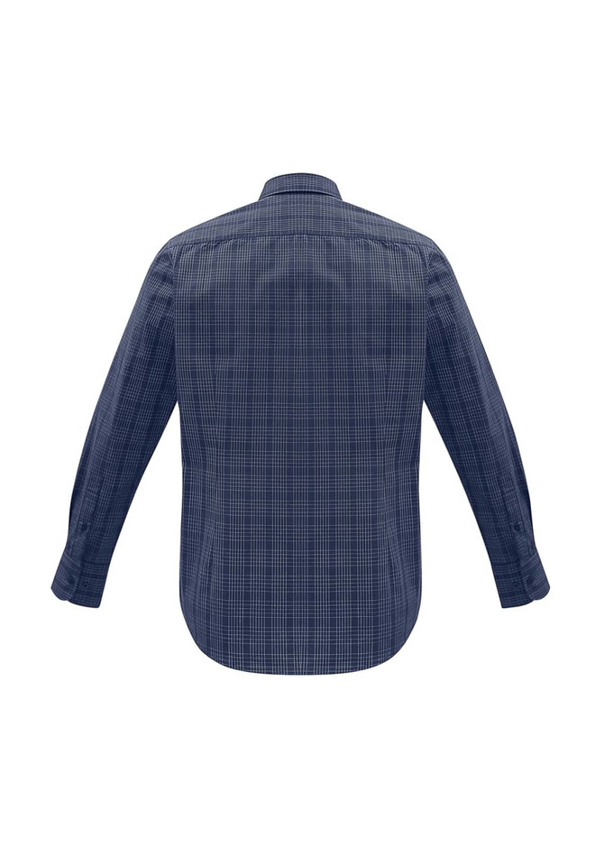 A men's long sleeve shirt featuring a plaid pattern in shades of navy and grey, with a classic button-up design.