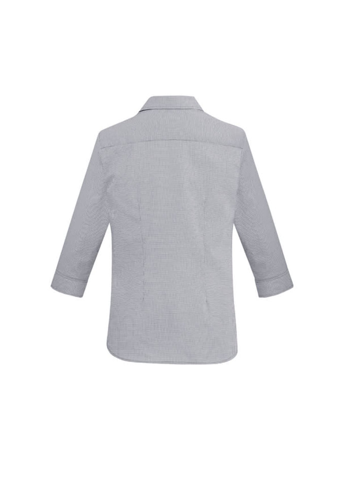 A grey women's button-up shirt with 3/4 sleeves and a back yoke detail, featuring a logo.