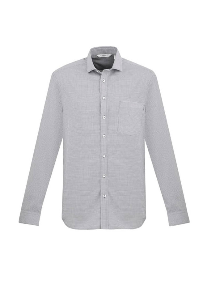 A grey button-up long sleeve shirt featuring a chest pocket and a branded label.