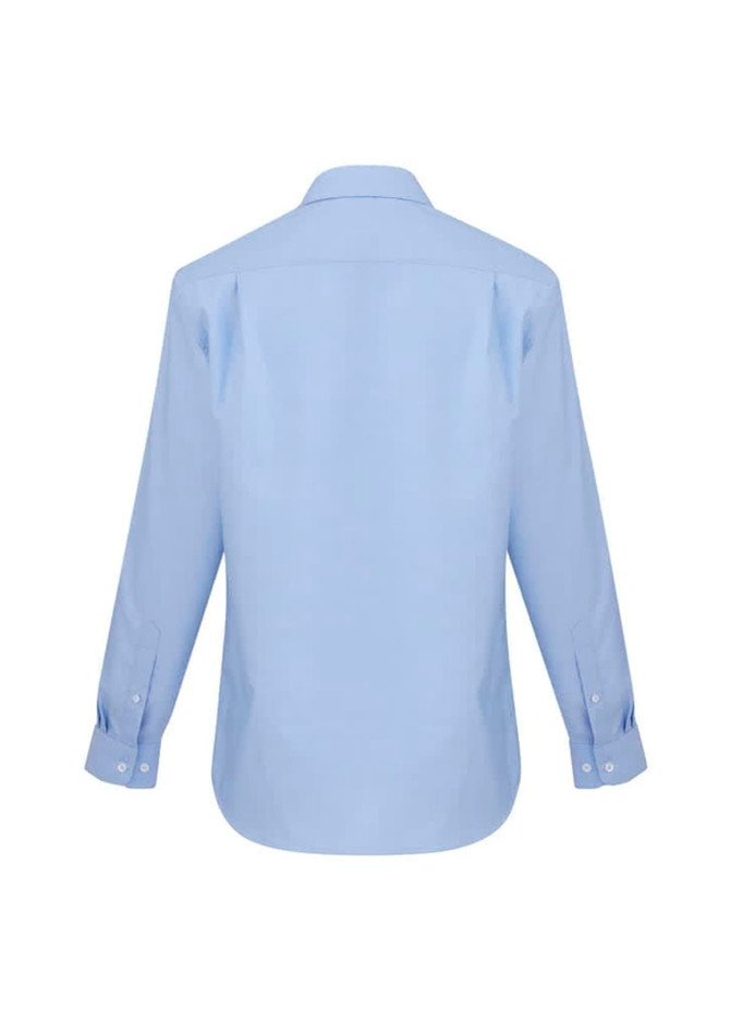A light blue men's button-up shirt with long sleeves and a classic collar, featuring a logo on the back.