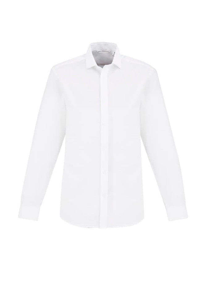 A white men's button-up shirt with a long sleeve and a collar, featuring a logo on the chest.