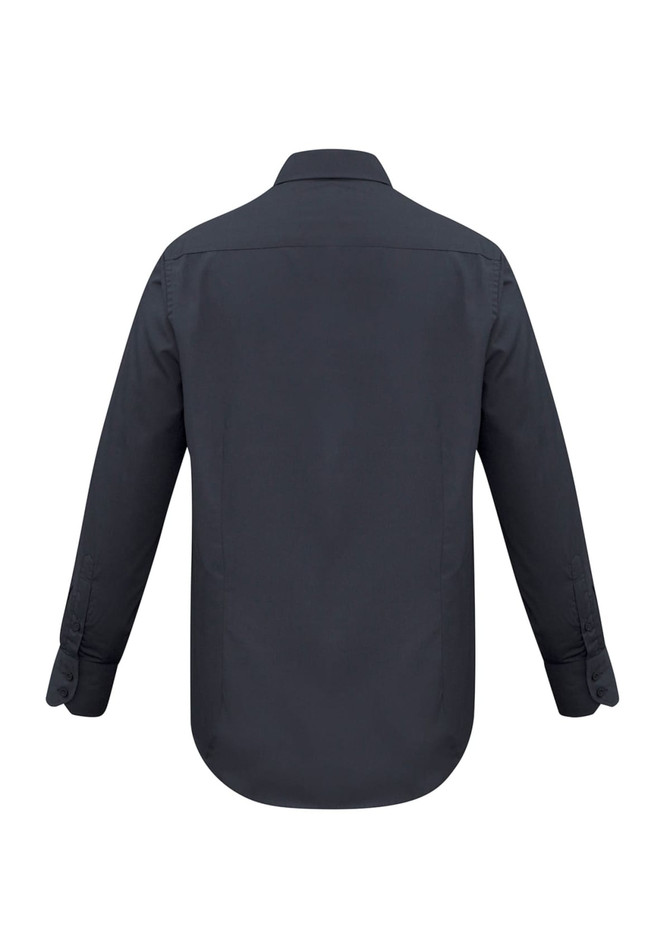 A dark navy long sleeve button-up shirt with a standard collar and logo on the back.