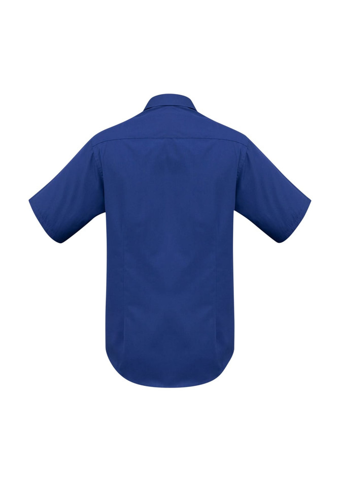A blue short sleeve shirt with a classic button-up design and a logo on the back.