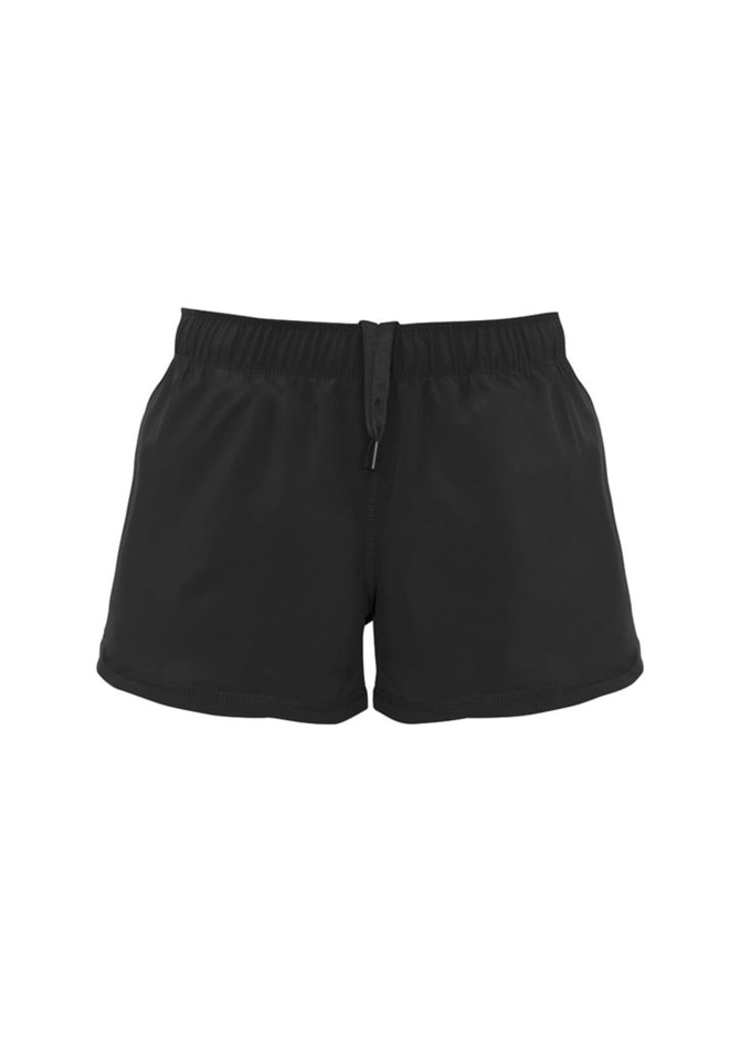 A pair of black women's sports shorts featuring an elastic waistband with a drawstring.