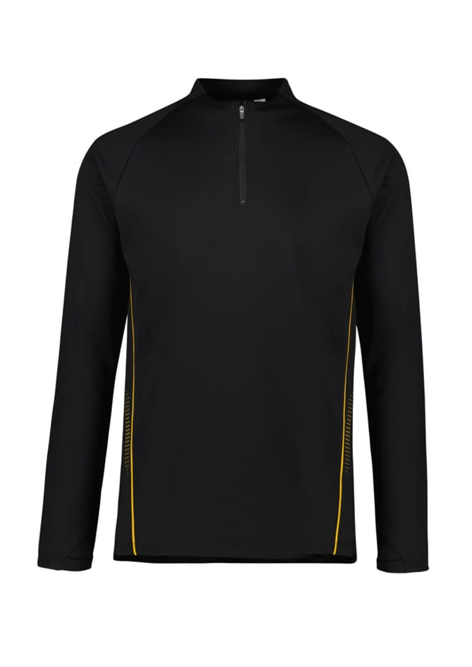 A black unisex mid layer top featuring a quarter zip and yellow accents, made from polar fleece material.