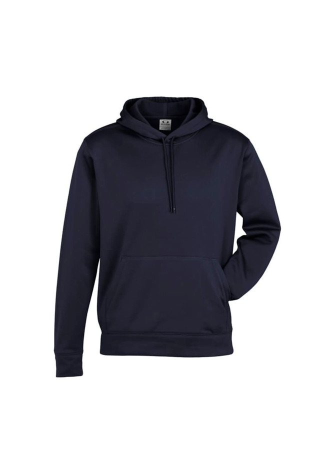 A navy men's hoodie featuring a front pocket and a drawstring hood. The design includes a logo on the front.
