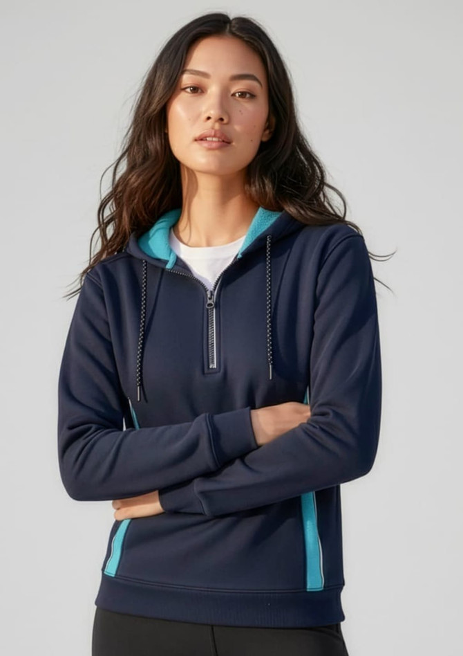 A navy unisex hoodie featuring a half-zip design and turquoise accents, with a hood and front pockets.