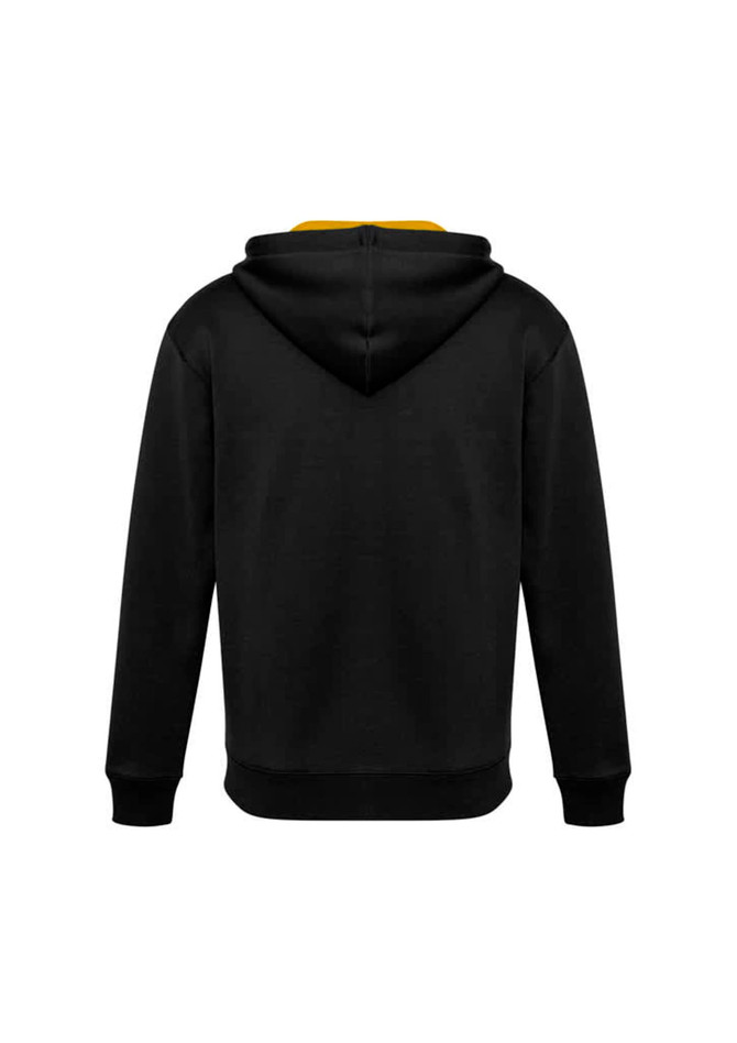 A black hoodie with a yellow inner lining and a hood, featuring a logo on the back.