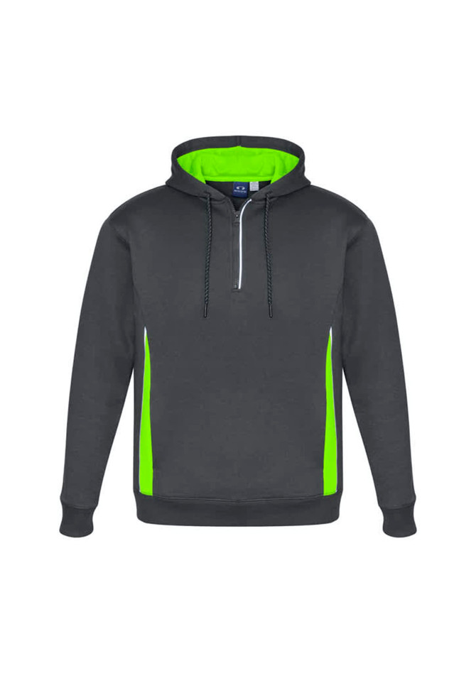 A grey unisex hoodie featuring bright lime green accents and a front zipper. It has a logo on the chest.