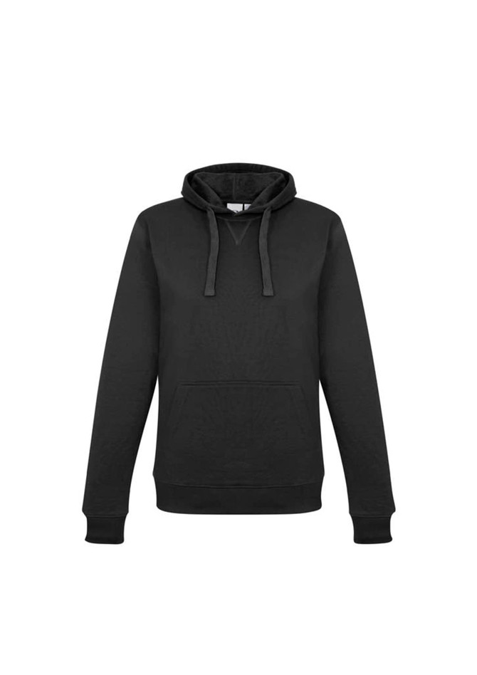 A women's crew hoodie in black with a kangaroo pocket, featuring a hood and ribbed cuffs.