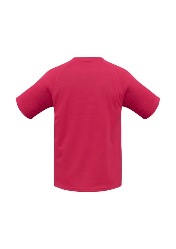 A short-sleeve tee in a solid magenta colour, featuring a simple design and a logo on the back.