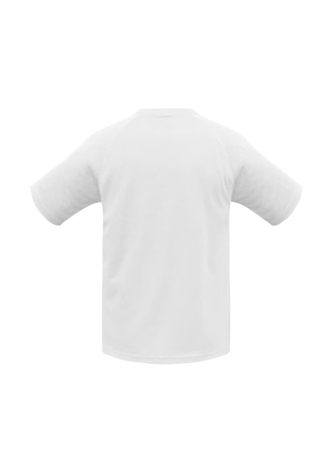 A white short sleeve tee with a raglan design and a logo at the back.