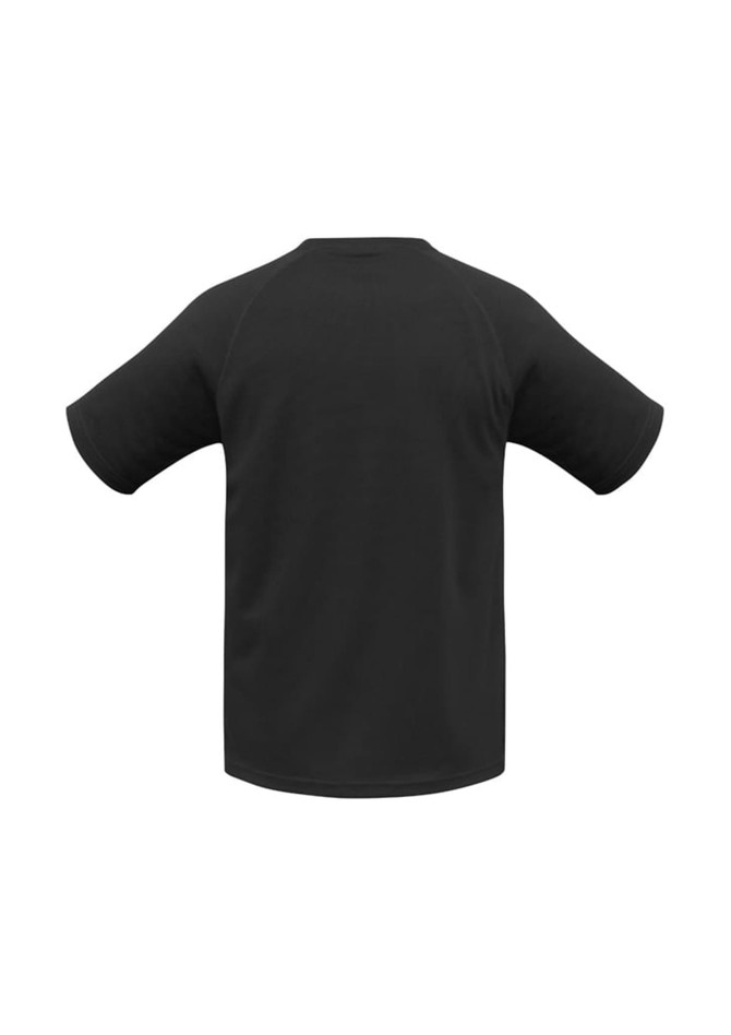 A black short sleeve tee for kids featuring a logo. The design includes raglan sleeves.