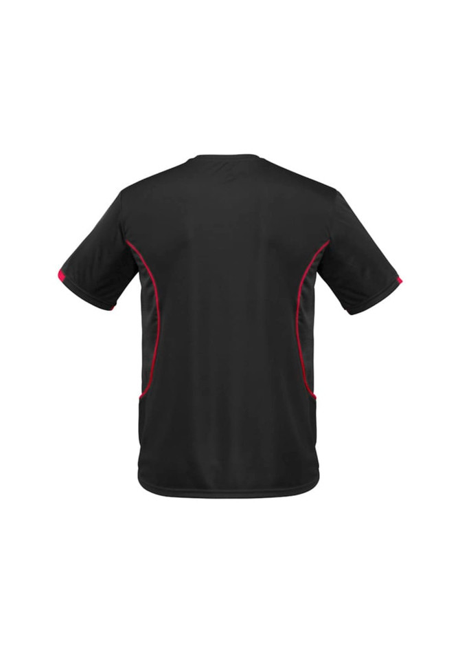 A black short sleeve tee featuring red accents and a logo on the back.