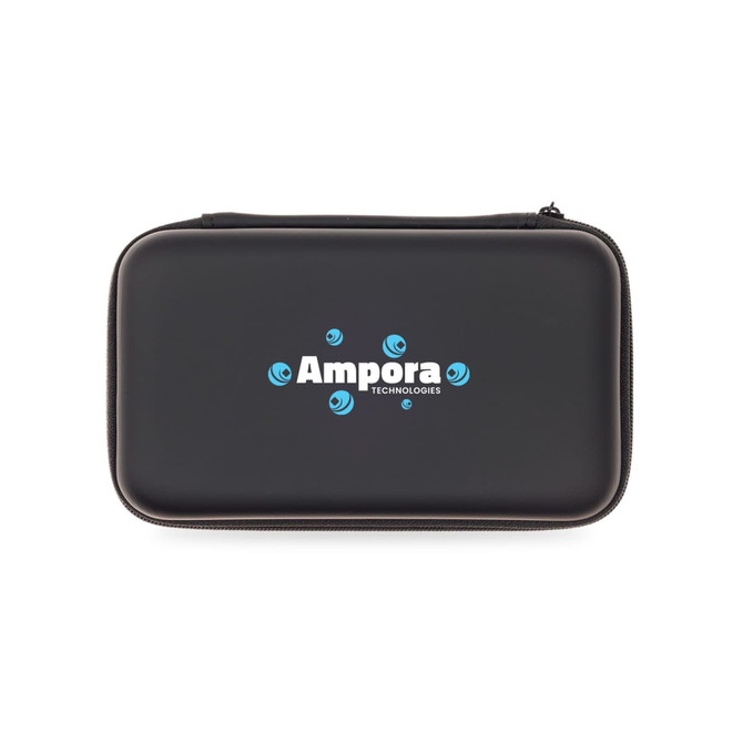 A black zippered case featuring a logo, suitable for carrying tech accessories.