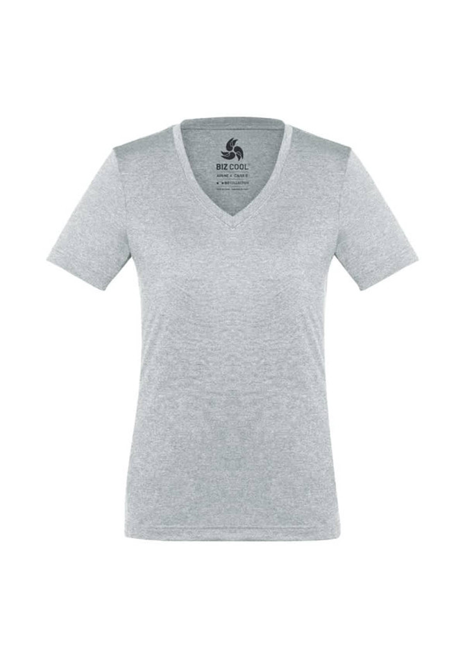 A grey women's short sleeve tee with a V-neck design. It features branding on the inside label.