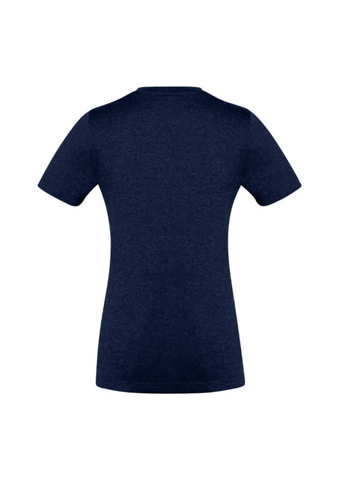 A women's short sleeve tee in navy blue, featuring a fitted design and a branded logo.