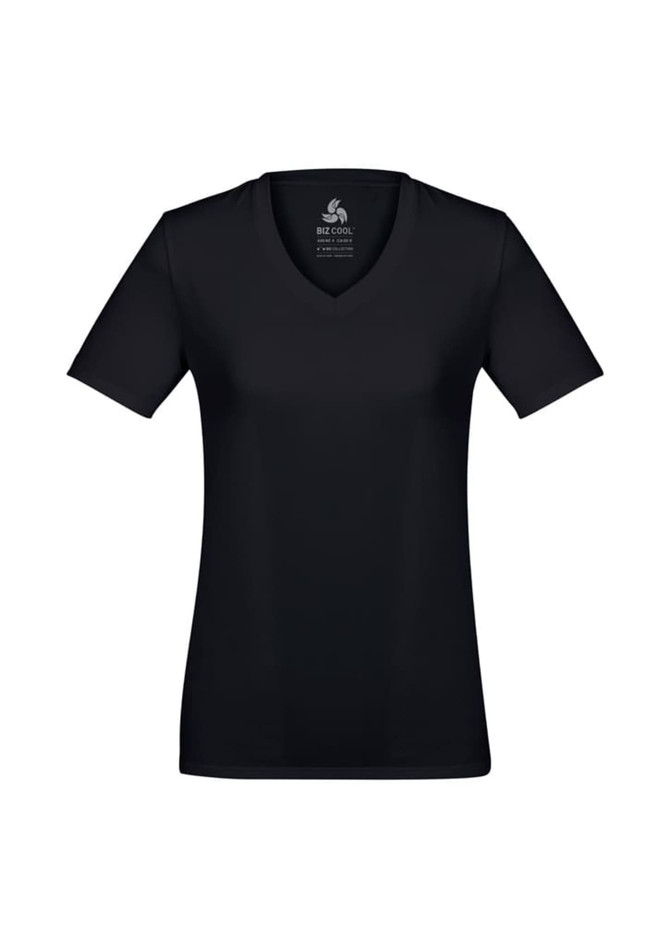 A black women's short sleeve T-shirt with a V-neck design, featuring a logo on the inside.
