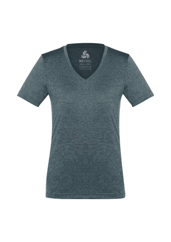 Women's short sleeve tee in a dark, heathered blue with a v-neck design and a logo on the inside.