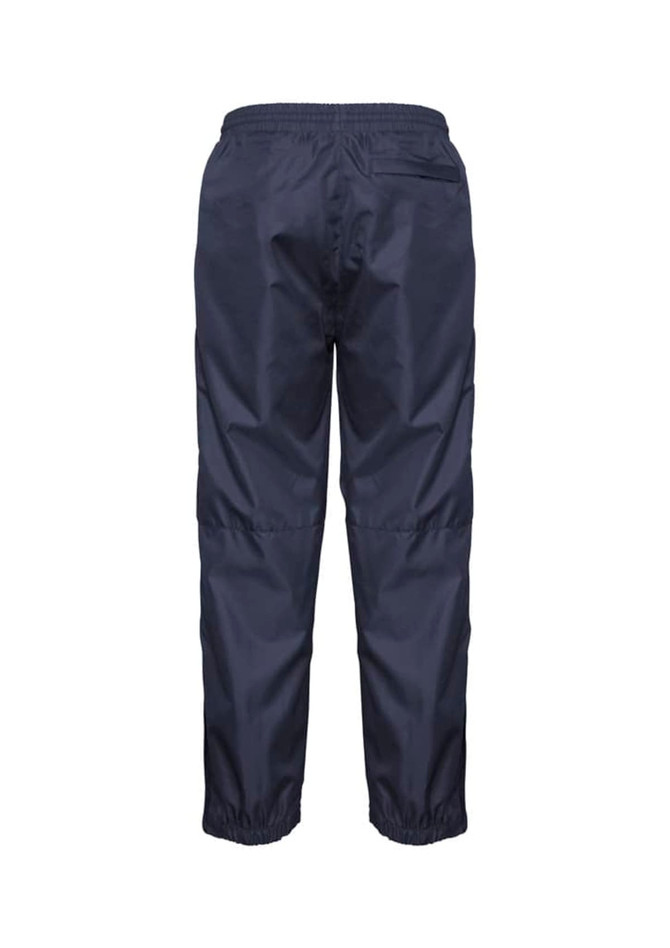 A pair of navy blue track pants with an elastic waistband and elastic cuffs at the ankles, featuring a branding logo.