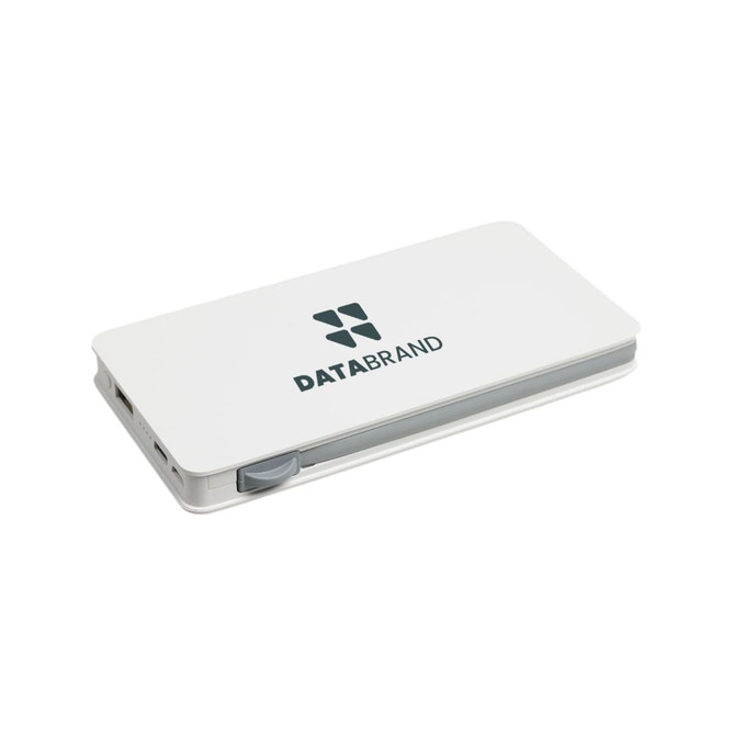 A white wireless power bank with a grey accent and a logo. It features USB ports for charging devices.