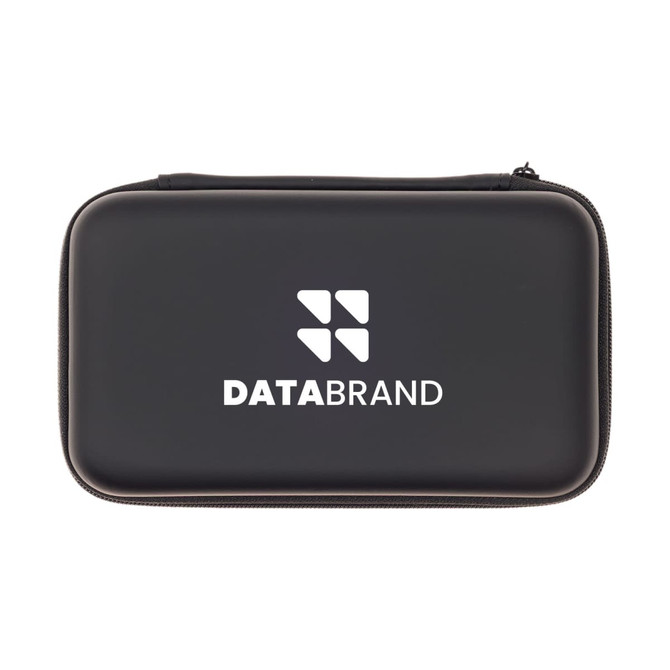 A black zippered case with a logo, designed for storing electronic accessories.