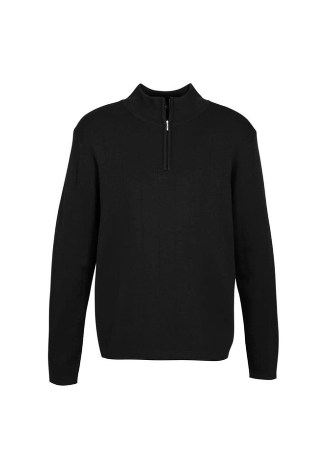 A black 80/20 wool pullover jumper with a zip collar and long sleeves. It features a logo.
