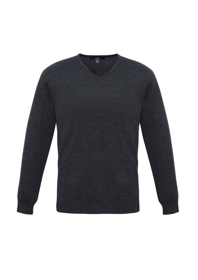 A dark grey men's pullover sweater with a V-neck and long sleeves, featuring a logo.