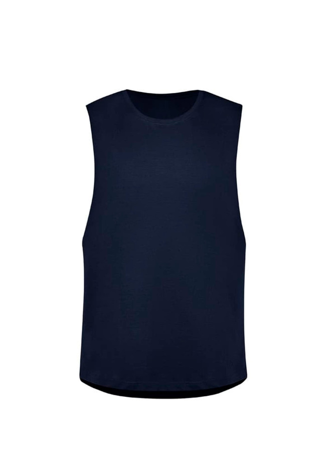 A navy sleeveless tee in a classic design with a rounded hem and branding. Suitable for casual wear.