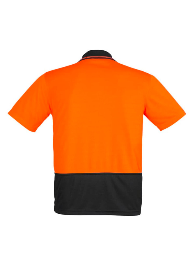 A short sleeve polo shirt in high visibility orange and black, featuring a collar and a logo.
