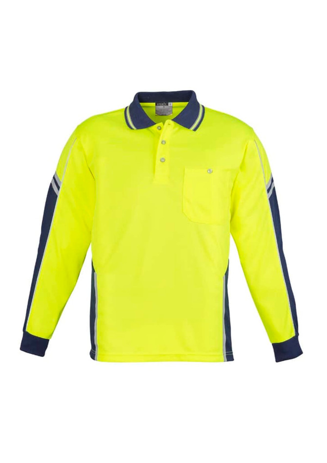 A long sleeve polo in bright yellow and navy, featuring a collar, a pocket, and logo branding.