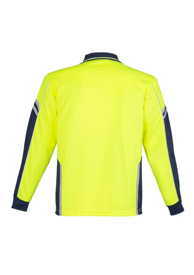 A long-sleeve polo in hi-vis yellow with navy accents and reflective detailing. Includes a logo on the front.