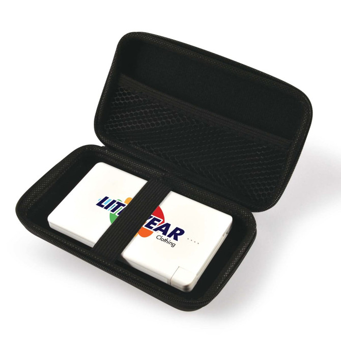 A white power bank inside a black zippered case, featuring a logo on the top.