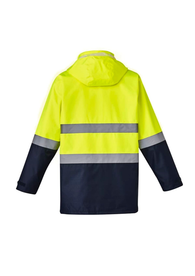 A waterproof jacket in hi-vis yellow and navy blue, featuring reflective stripes and a hood. It has a branding logo.
