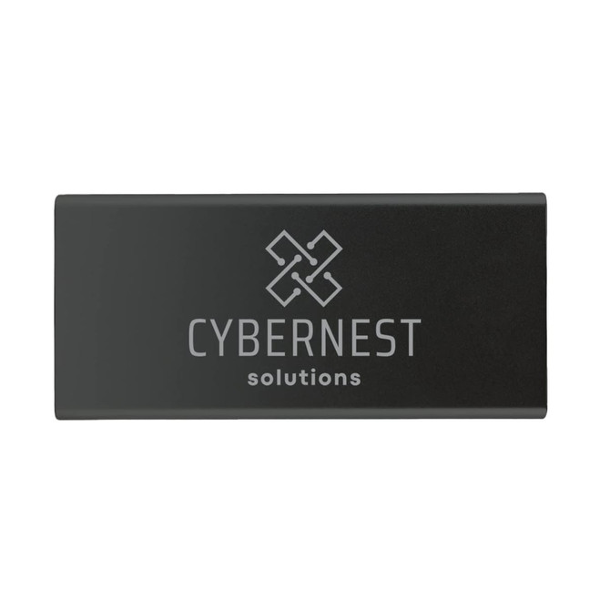 A power bank featuring a sleek black design with the logo "CYBERNEST solutions" embossed on the surface.
