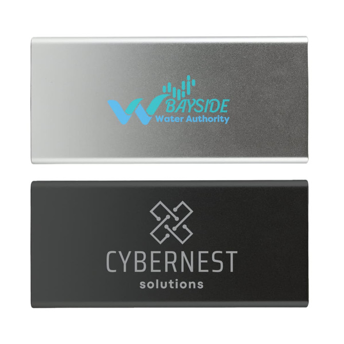 A power bank featuring a silver and black design, with two sides and logos on each side.