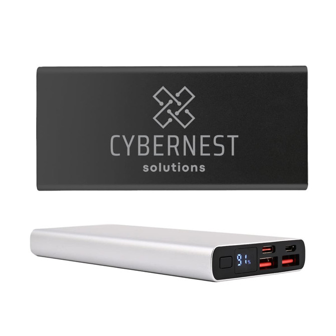 A sleek power bank in black and silver, featuring multiple USB ports and a digital display. Includes a logo.