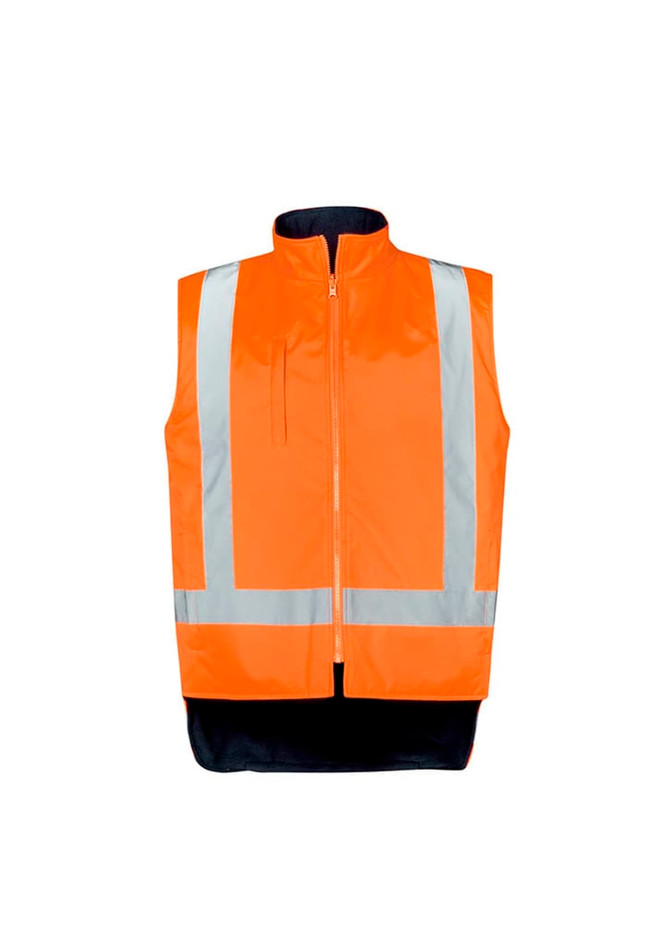An orange waterproof jacket featuring reflective stripes and a zip closure, designed for high visibility workwear.