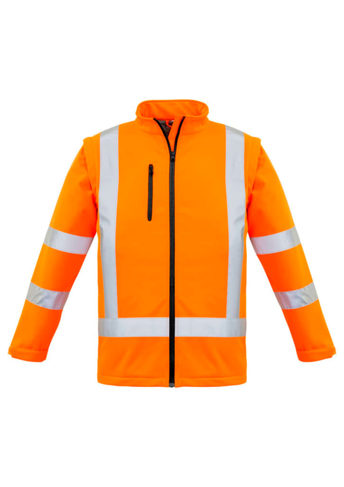 A bright orange unisex softshell jacket featuring reflective stripes, with a zip front and a pocket on the chest.