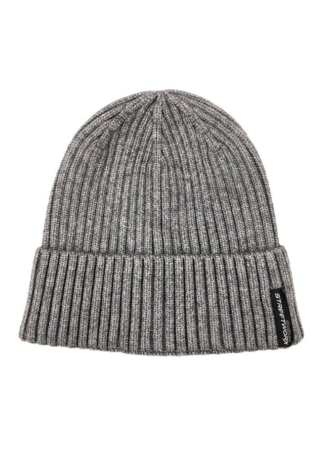 A grey beanie with a ribbed texture and a branding label on the side. Suitable for unisex wear.