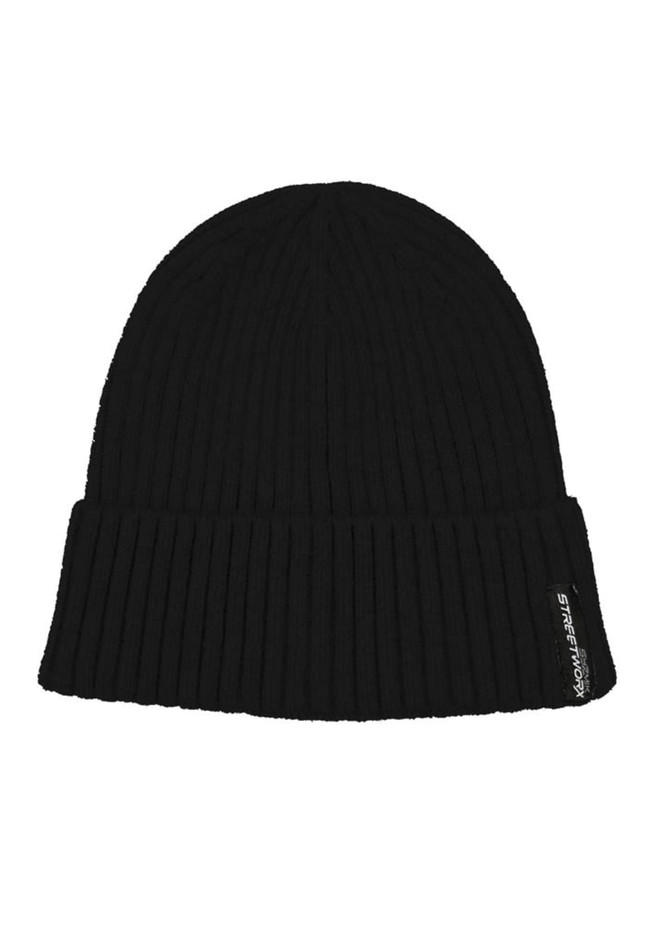 A black unisex beanie with a ribbed texture and a small logo on the side.
