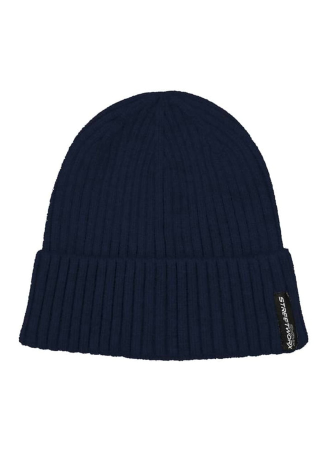 A navy blue unisex beanie with a ribbed texture and a small logo on the side.