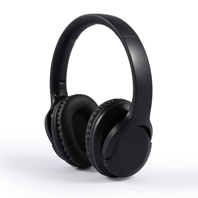 Black over-ear headphones with cushioned ear cups and a sleek design. Includes a case for storage.