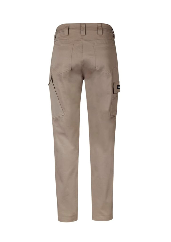 Beige cargo pants with a streamlined design and pockets, featuring a logo on the side.