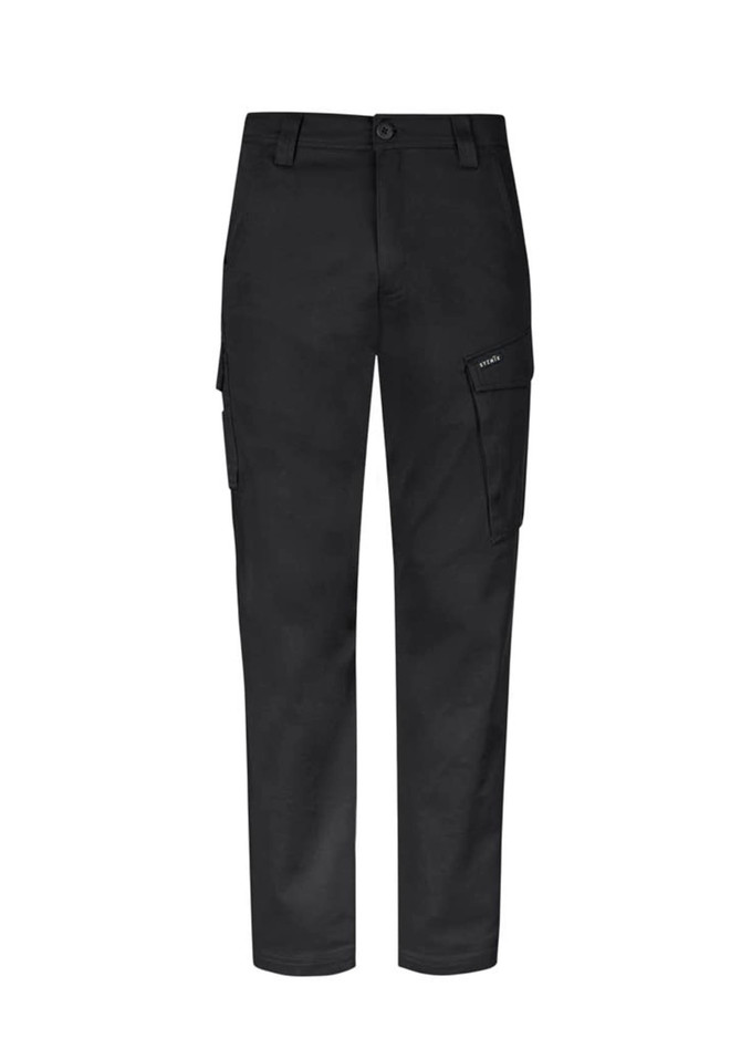 Men’s essential basic stretch cargo pants in black, featuring side pockets and a front button closure.